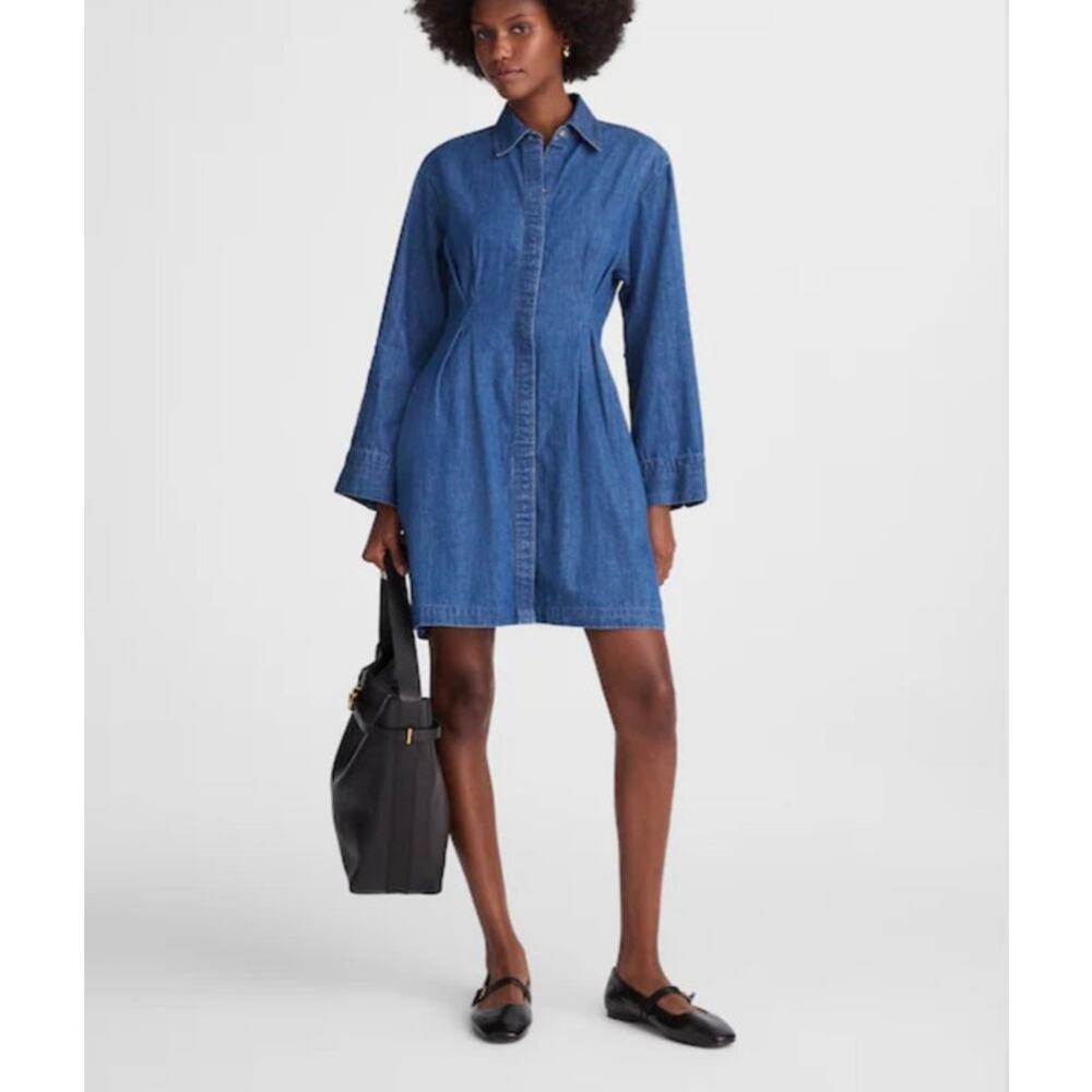 Madewell Denim Pleated Mini Shirt Dress Blue Button Front Size 2 Casual